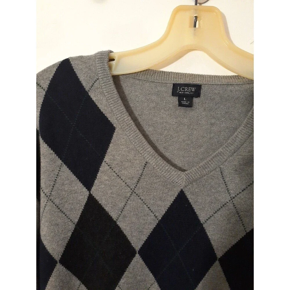 J.Crew sweater Men's L Cotton Cashmere Gray Navy Blue V Neck j. crew